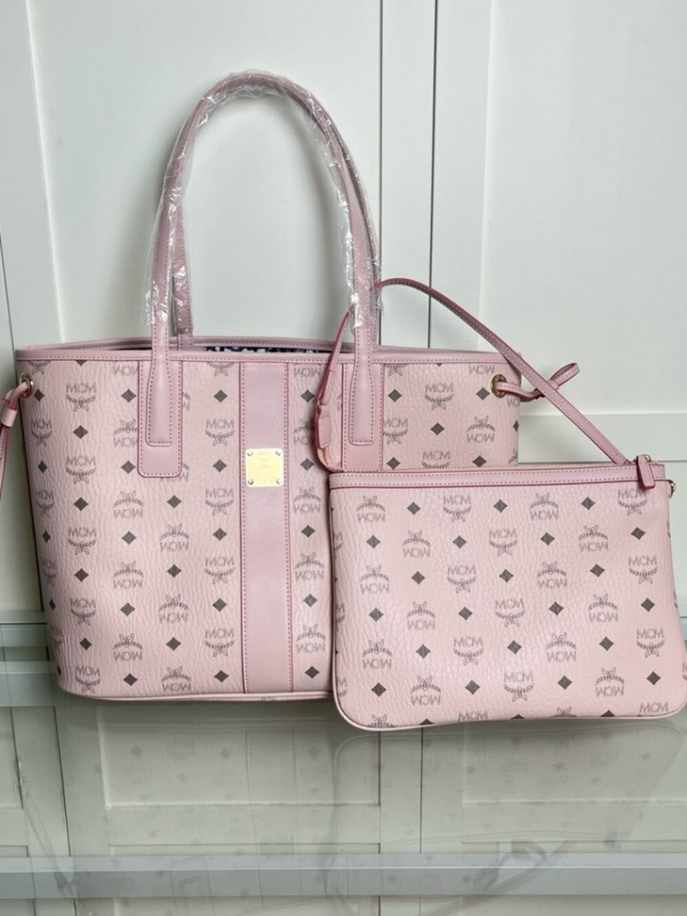 MCM Pink Monogram Tote with Matching Pouch and Yellow Dust Bag